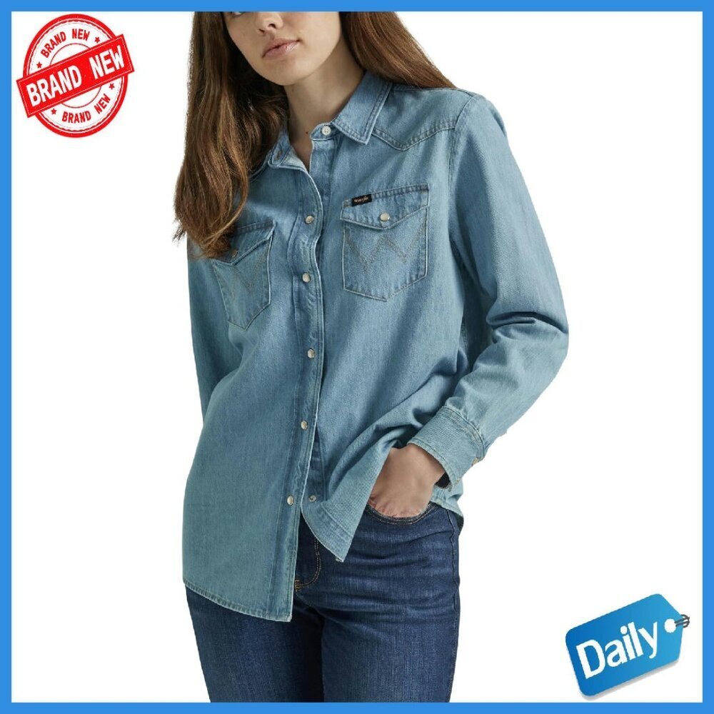 Oversized Denim Snap Shirt Boyfriend Fit 100% Cotton Long Sleeve
